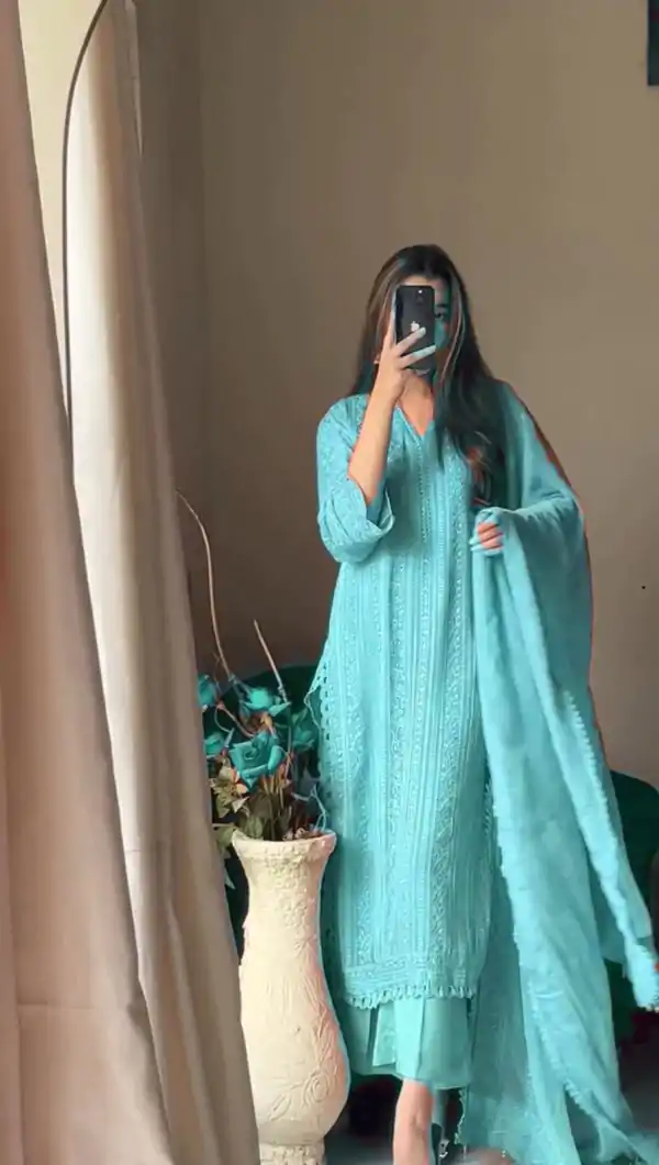 Beautiful Blue Color Chinon Cotton Thread Embroidery Work Salwar Suit