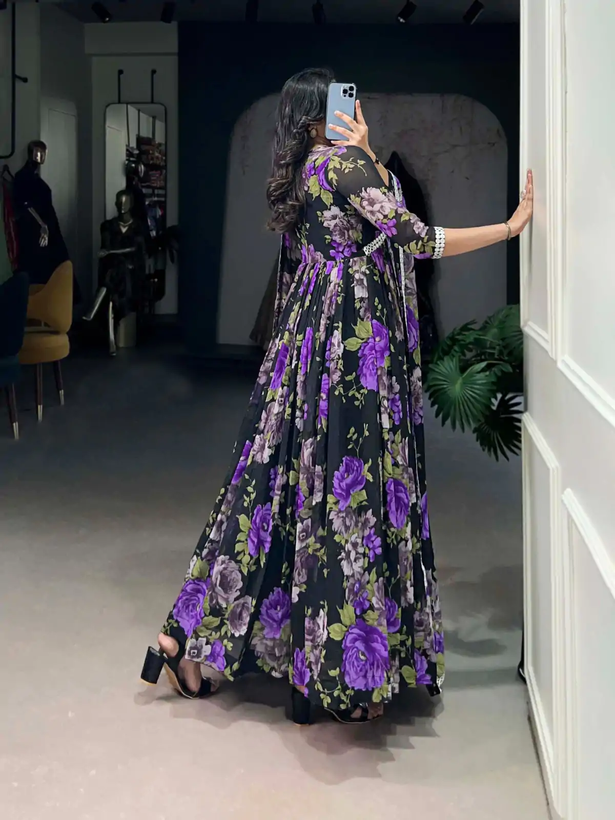 Beautiful Purple Color Georgette Floral Printed Paper Mirror Lace Gown - Image 2