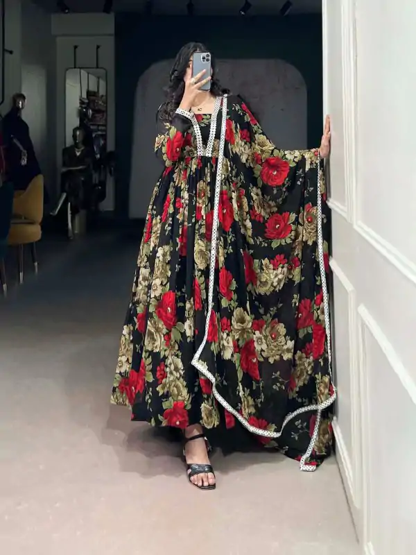 Beautiful Red Color Georgette Floral Printed Paper Mirror Lace Gown