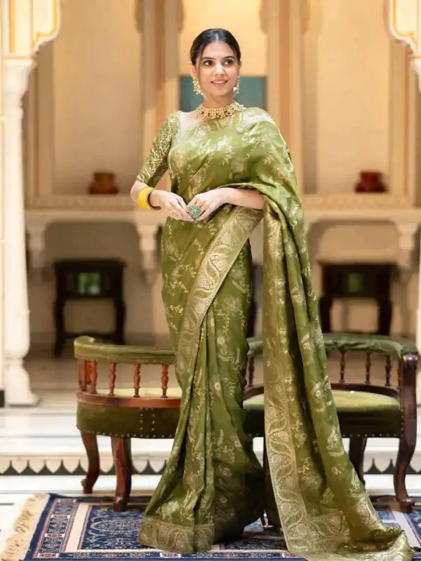 Bright Mehandi Color Soft Litchi Silk All Over Weaving Saree