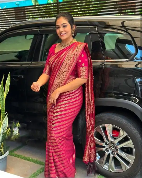 Bright Red Color Soft Litchi Silk On All Over Saree