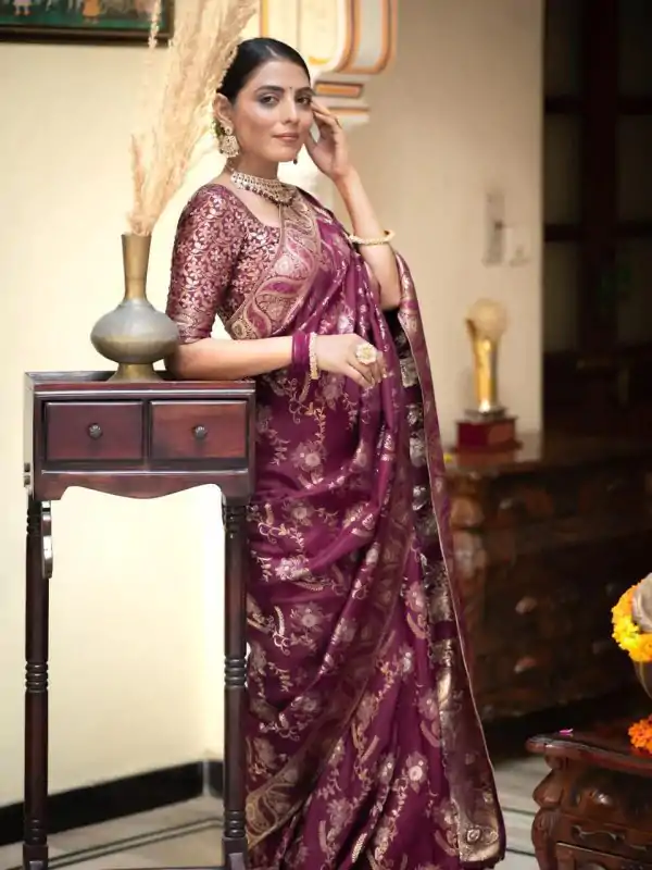 Bright Wine Color Soft Litchi Silk All Over Weaving Saree