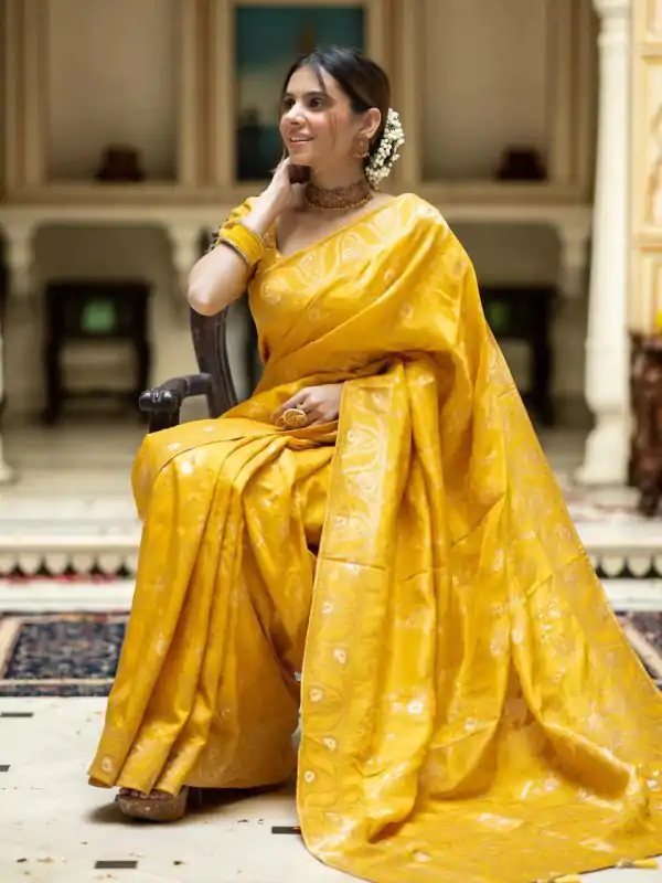 Bright Yellow Color Soft Litchi Silk All Over Weaving Saree