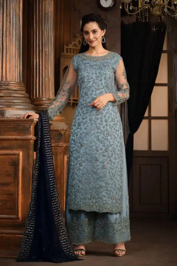 Classic Blue Color Net With Coding Sequence Work Salwar Suit