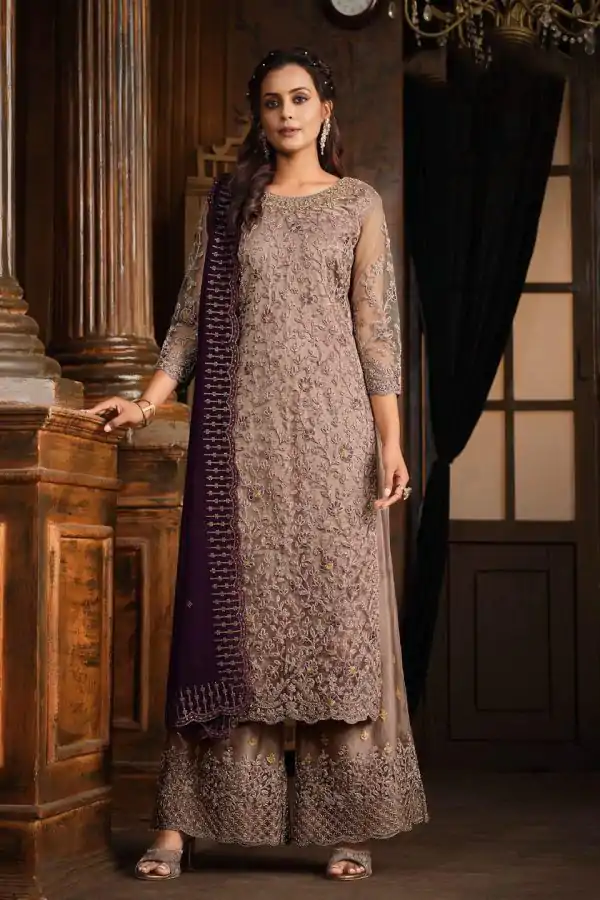 Classic Cream Color Net With Coding Sequence Work Salwar Suit