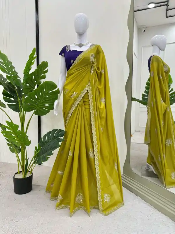 Classic Mustard Yellow Color Tesla Chiffon Work Thread Work Saree