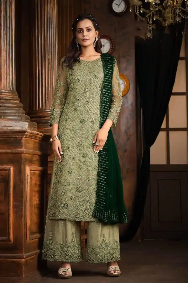 Classic Pista Color Net With Coding Sequence Work Salwar Suit
