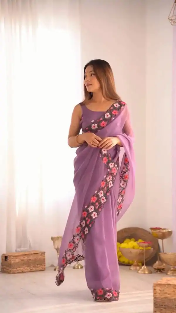 Classic Purple Color Georgette Pastel Embroidery Multi Work Saree