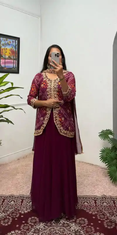 Classic Wine Color Printed Faux Georgette Embroidery Work Salwar Suit