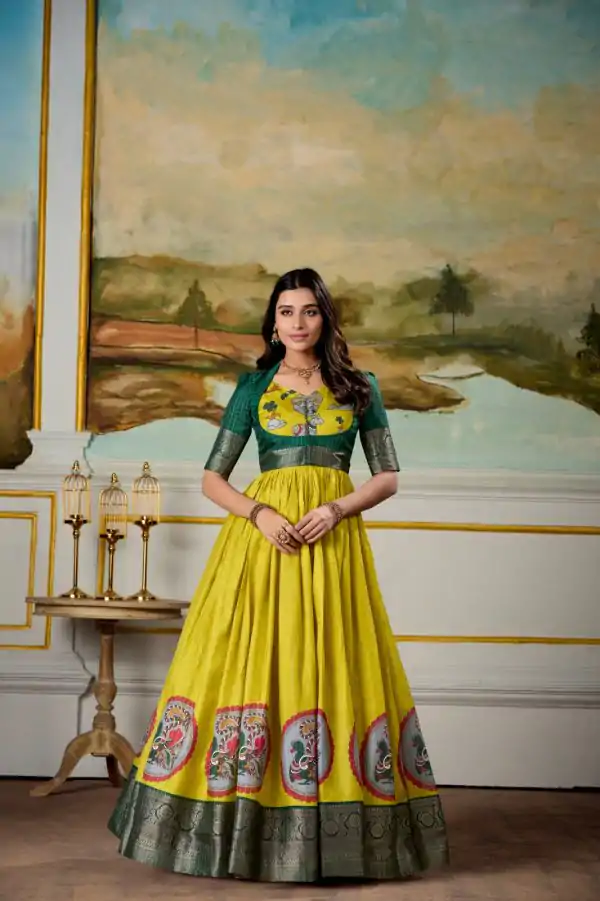 Classic Yellow Color Dola Silk Kalamkari Print Weaving Broder Gown