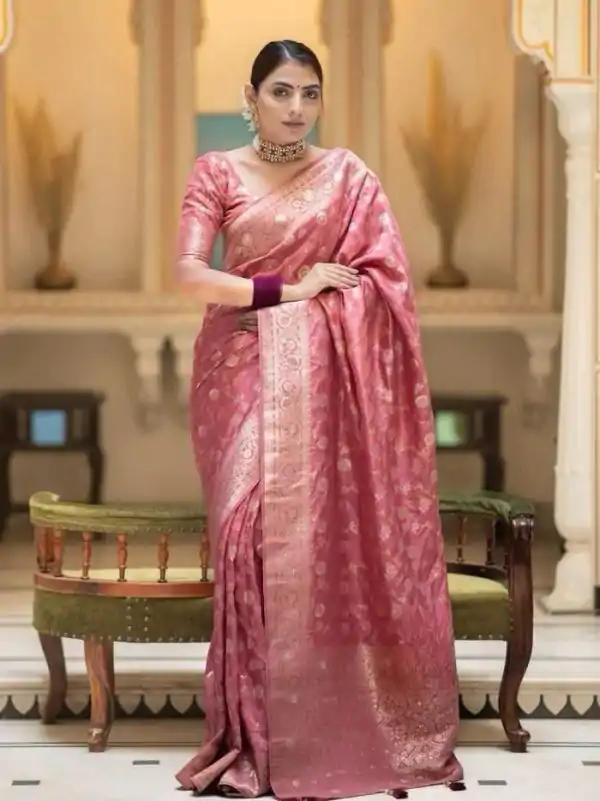 Fancy Peach Color Soft Litchi Silk Kubera Pattu Saree