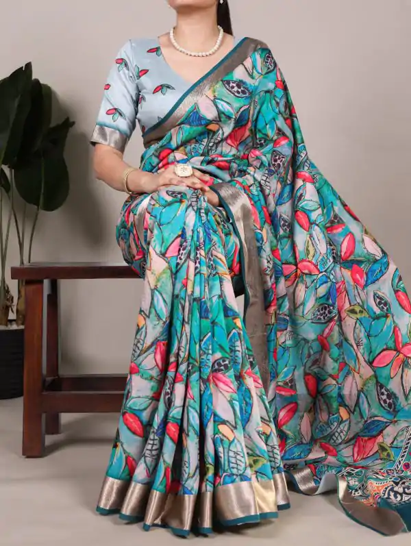 Glowing Blue Color Tushar Silk With Viscose Border Printed Saree