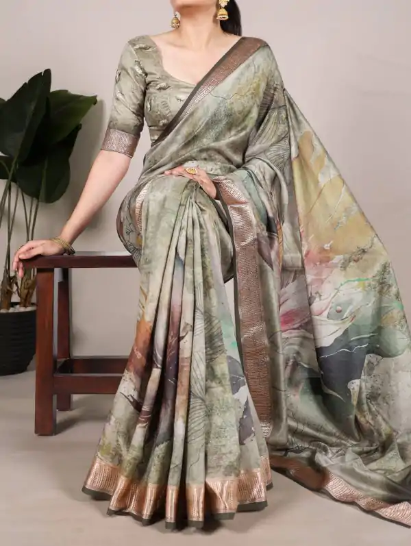 Glowing Brown Color Tushar Silk With Viscose Border Printed Saree