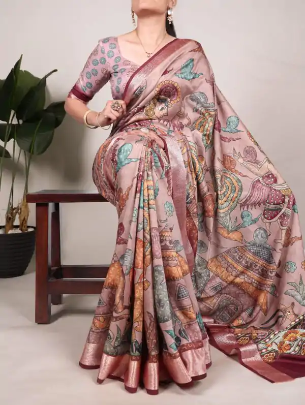 Glowing Cream Color Tushar Silk With Viscose Border Printed Saree