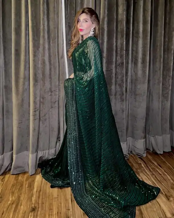 Glowing Green Color Fox Georgette Embroidery Sequence Work Saree