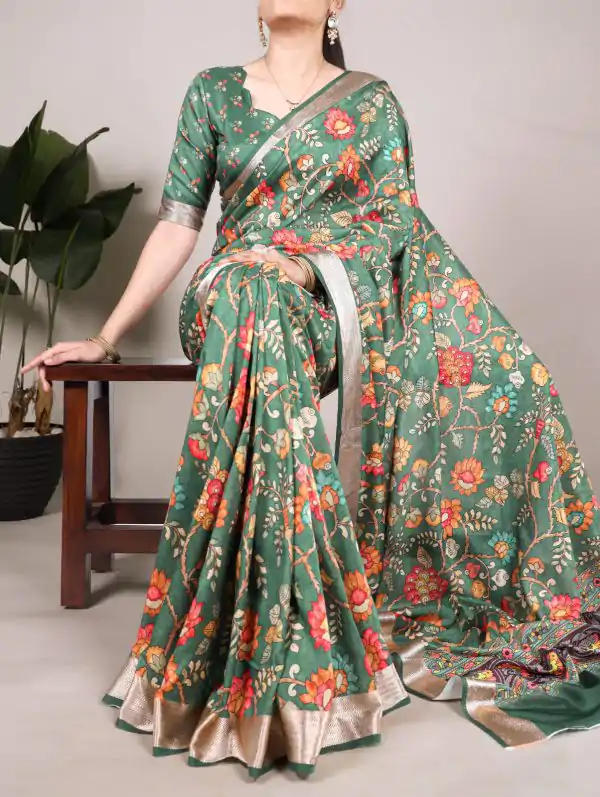 Glowing Green Color Tushar Silk With Viscose Border Printed Saree