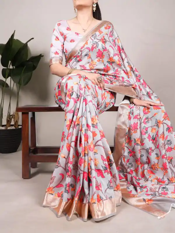 Glowing Grey Color Tushar Silk With Viscose Border Printed Saree
