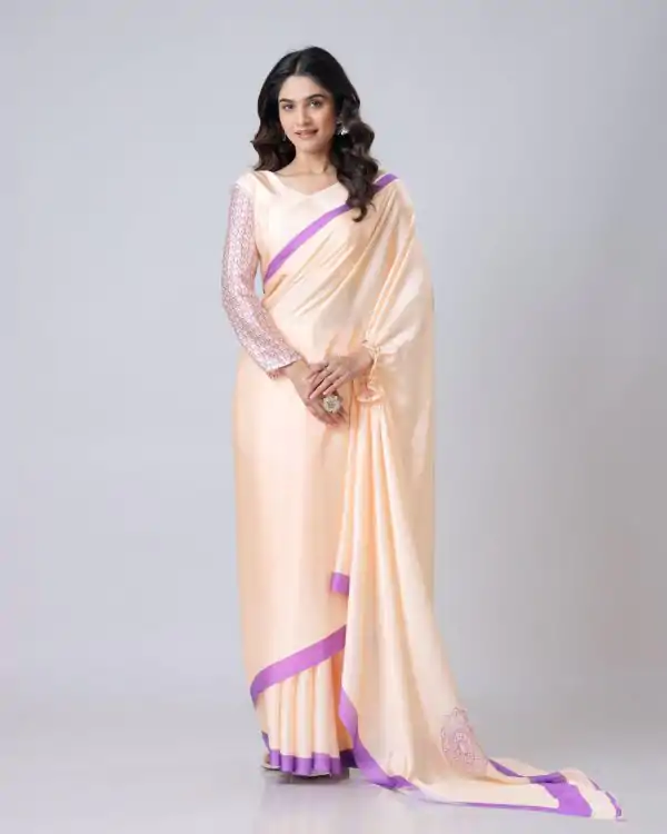 Glowing Light Peach Color Japan Satin Digital Print Work Saree