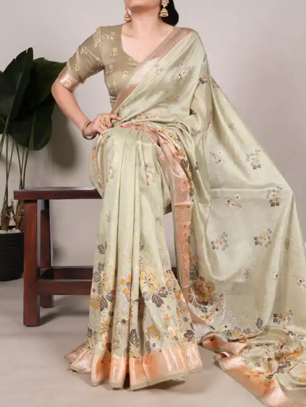 Glowing Light Pista Color Tushar Silk With Viscose Border Printed Saree