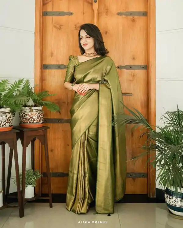 Glowing Mehndi Color Lichi Silk Jacquard Work On All Over Saree