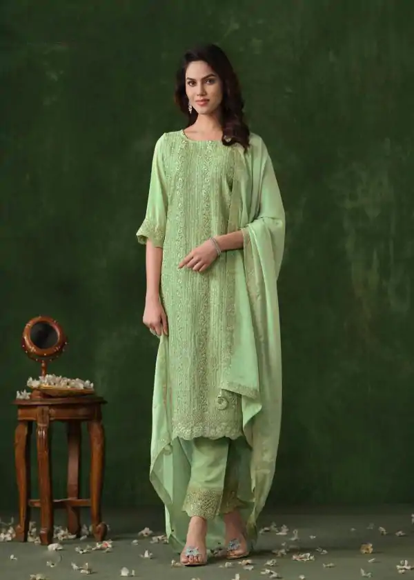 Glowing Pista Color Rangoli Coding Sequence Work Salwar Suit