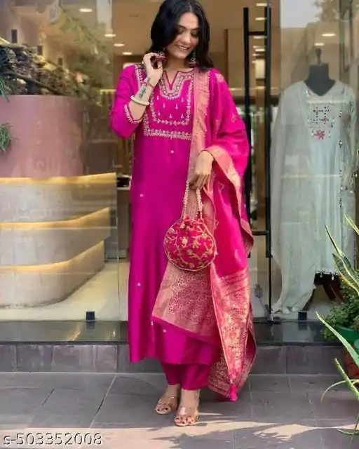 Glowing Rani Pink Color Roman Silk Coding Work Salwar Suit