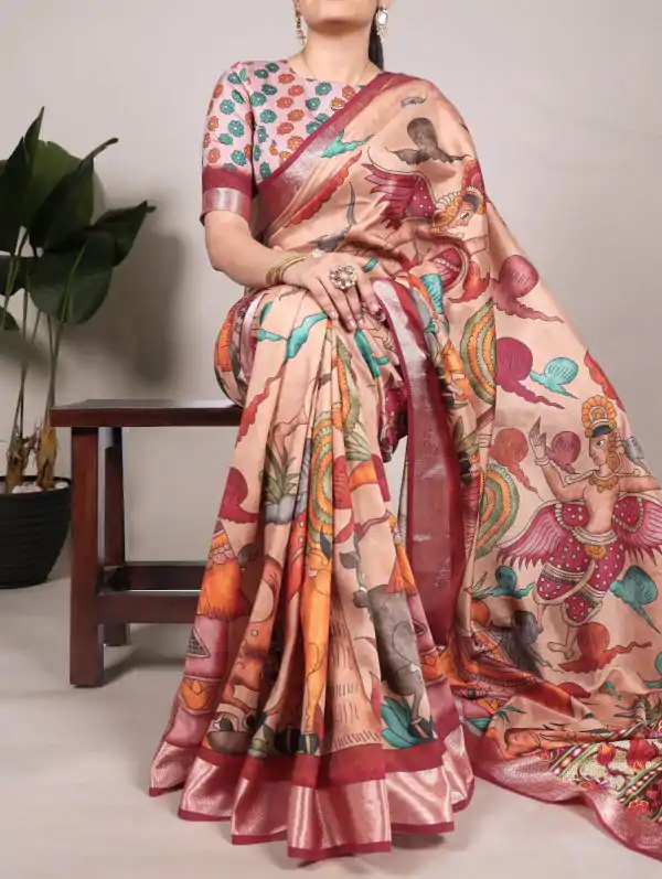 Glowing Red Color Tushar Silk With Viscose Border Printed Saree