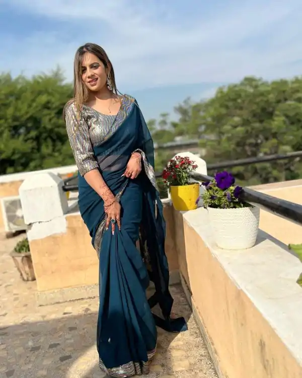 Lovely Peacock Blue Color Georgette Sequence Work Lace Saree