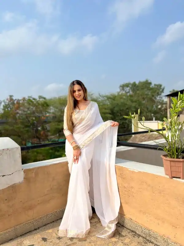 Lovely White Color Georgette Sequence Work Lace Saree