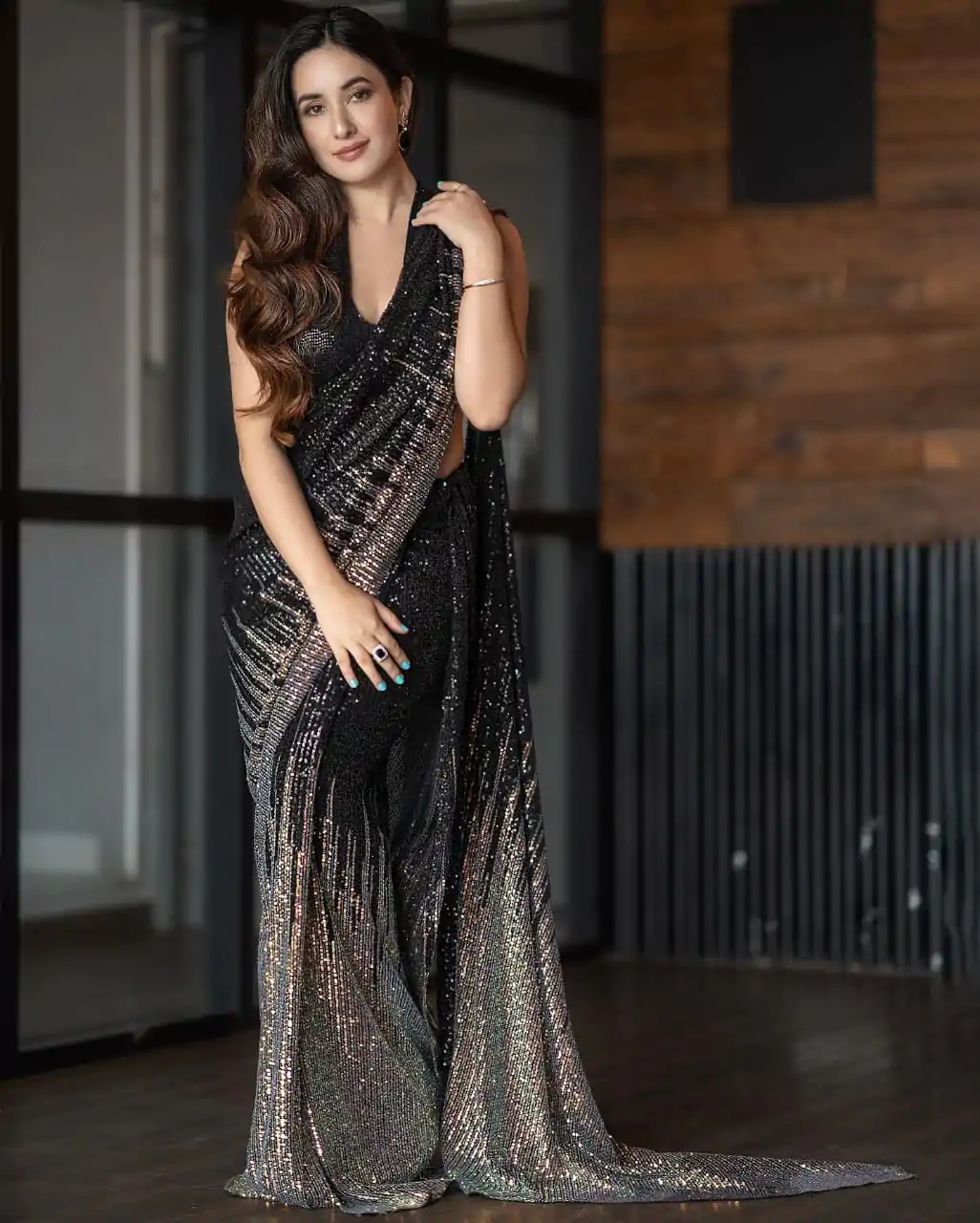 Magical Black Color Georgette Sequins All Over Peiping Lace Saree