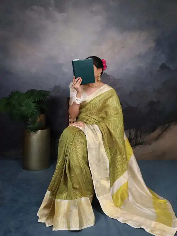 Magical Green Color Jacquard Chex Zari Weaving Work Saree
