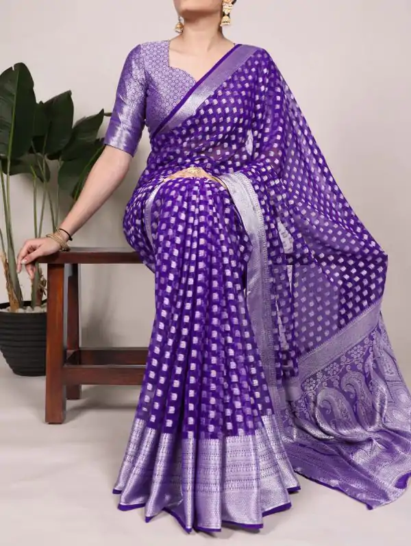 Magical Purple Color Nylon Georgette Zari Weaving Work Saree