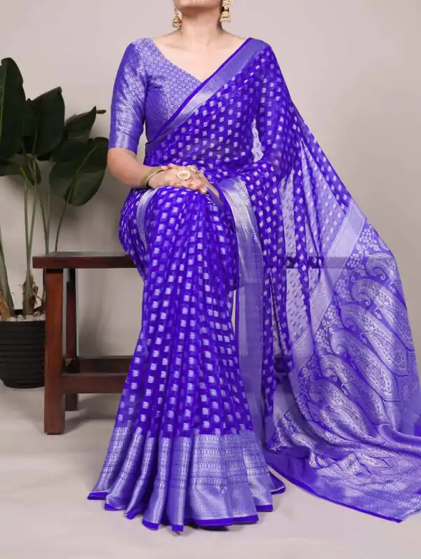 Magical Royal Blue Color Nylon Georgette Zari Weaving Work Saree