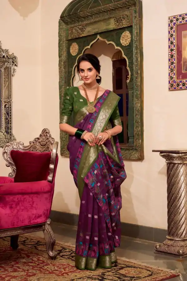 Magical Wine Color Poly Cotton Kalamkari Print Saree
