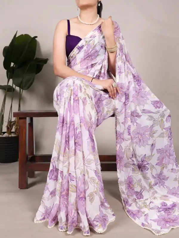 Nice Purple Color Weightless Marble Floral Print Pearl Lace Border Saree