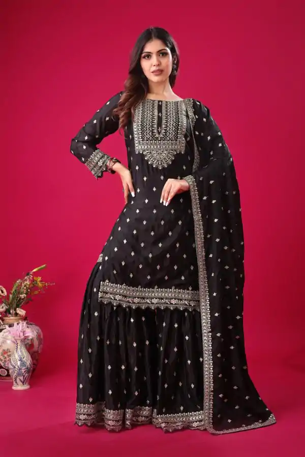 Perfect Black Color Chinon Silk Sequence Work Salwar Suit
