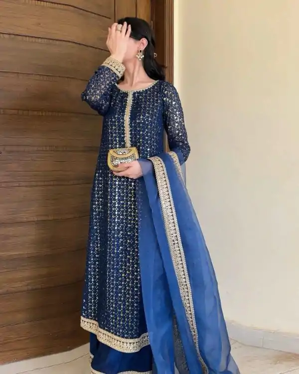 Pretty Navy Blue Color Foix Georgette Thread With Sequence Salwar Suit