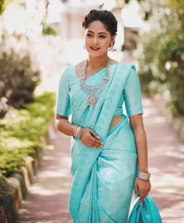 Pretty Sky Blue Color Soft Lichi Silk Jacquard Work On All Over Saree