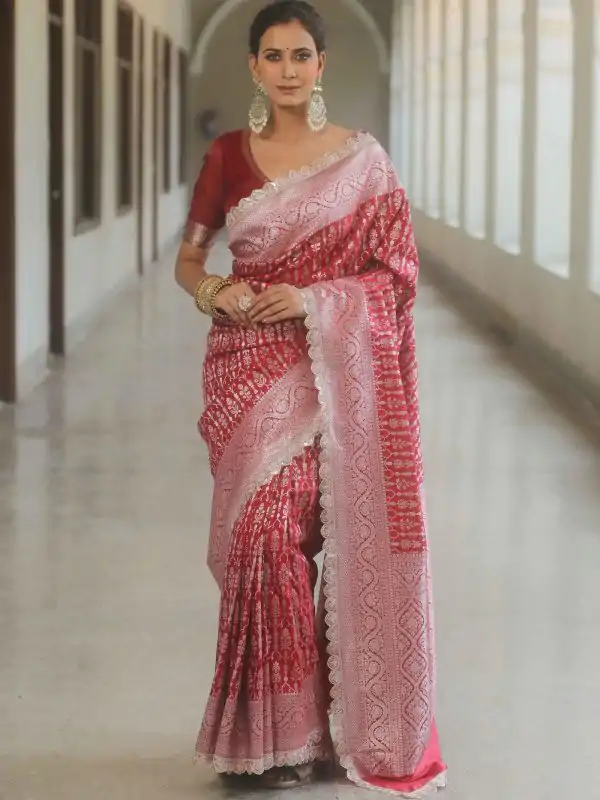 Royal Red Color Jacquard Embroidery Cording Lace Saree