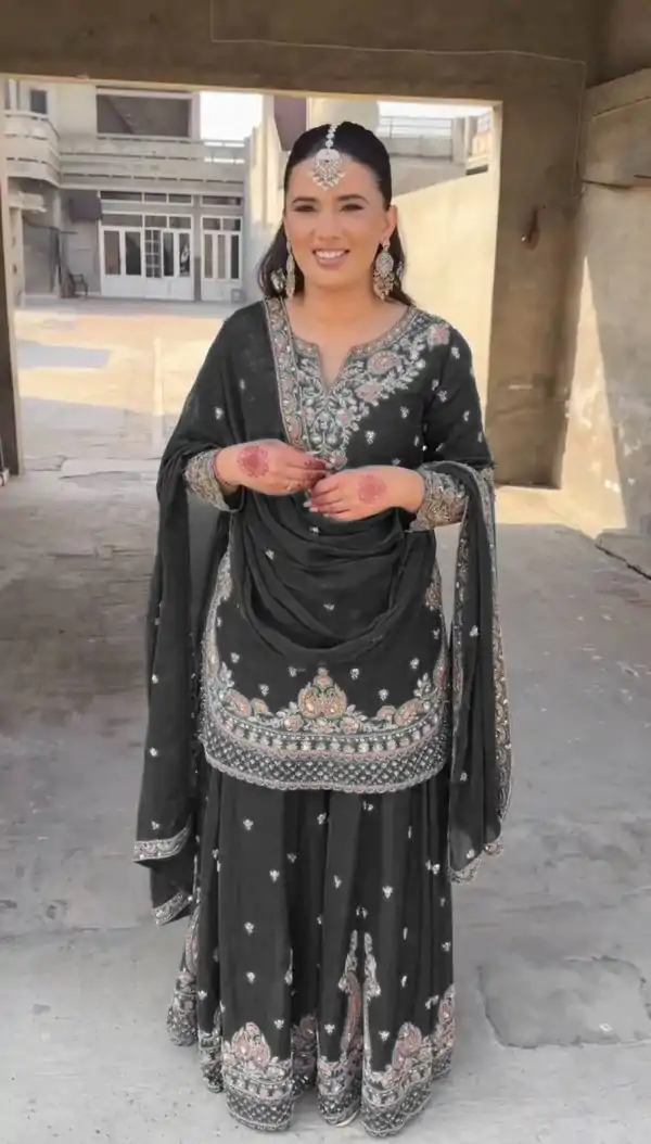 Shine Black Color Chinon Silk Thread Sequence Work Salwar Suit