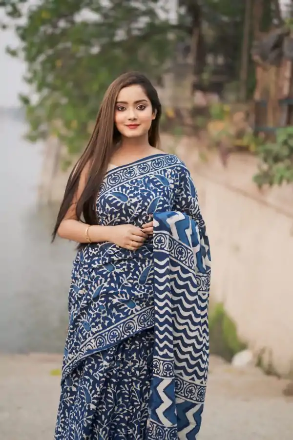 Shiny Blue Color Soft Linen Silk Digital Print Saree