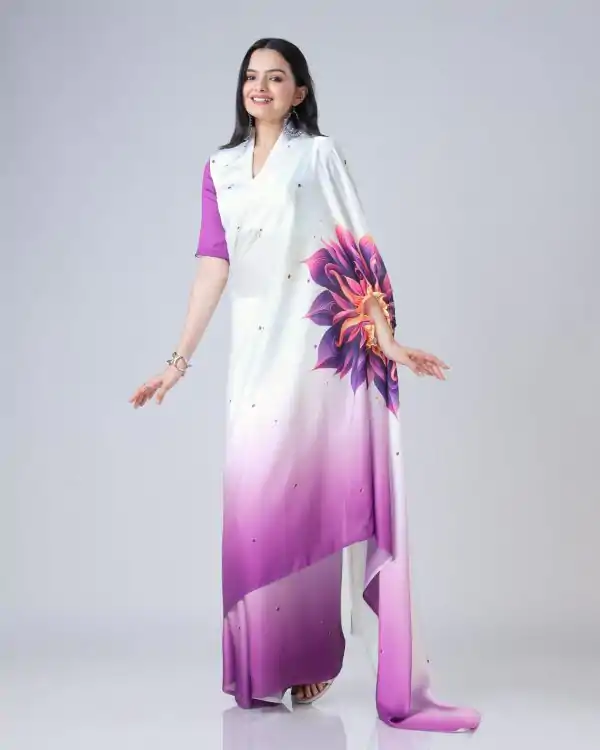 Stylist Purple And White Color Japan Satin Digital Print Work Saree
