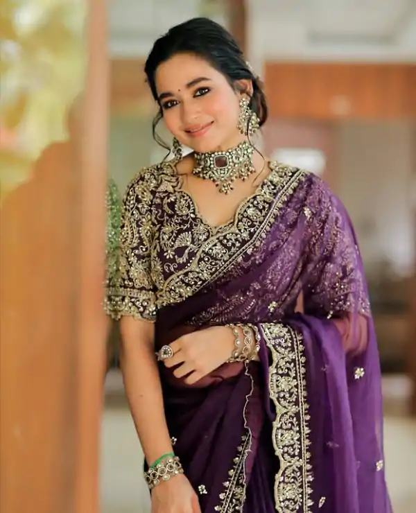 Super Purple Color Soft Organza Silk Thread Sequence Work Saree