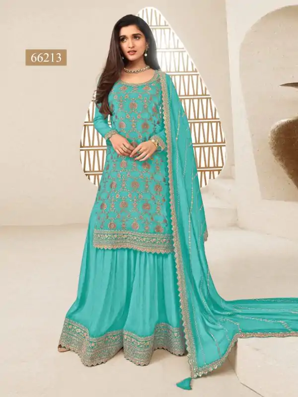 Superb Firozi Color Jacquard Silk Chinon Multi Work Salwar Suit