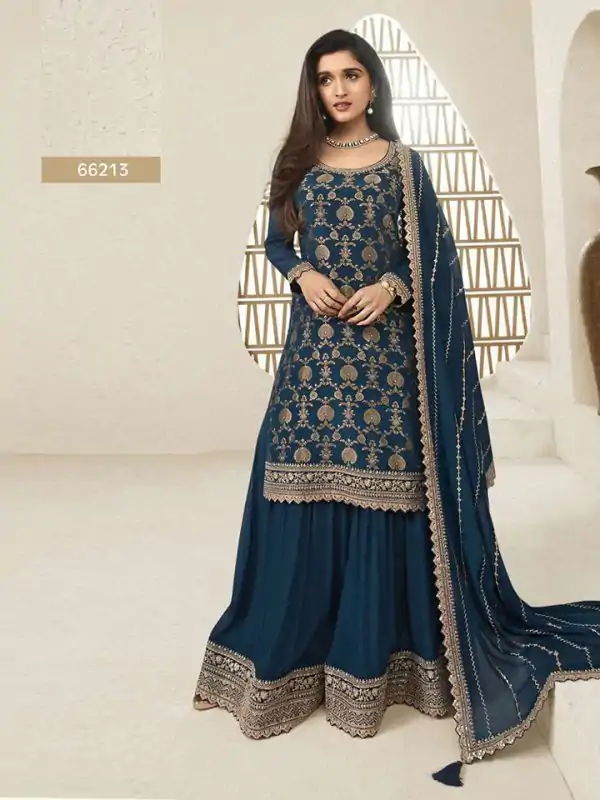 Superb Navy Blue Color Jacquard Silk Chinon Multi Work Salwar Suit