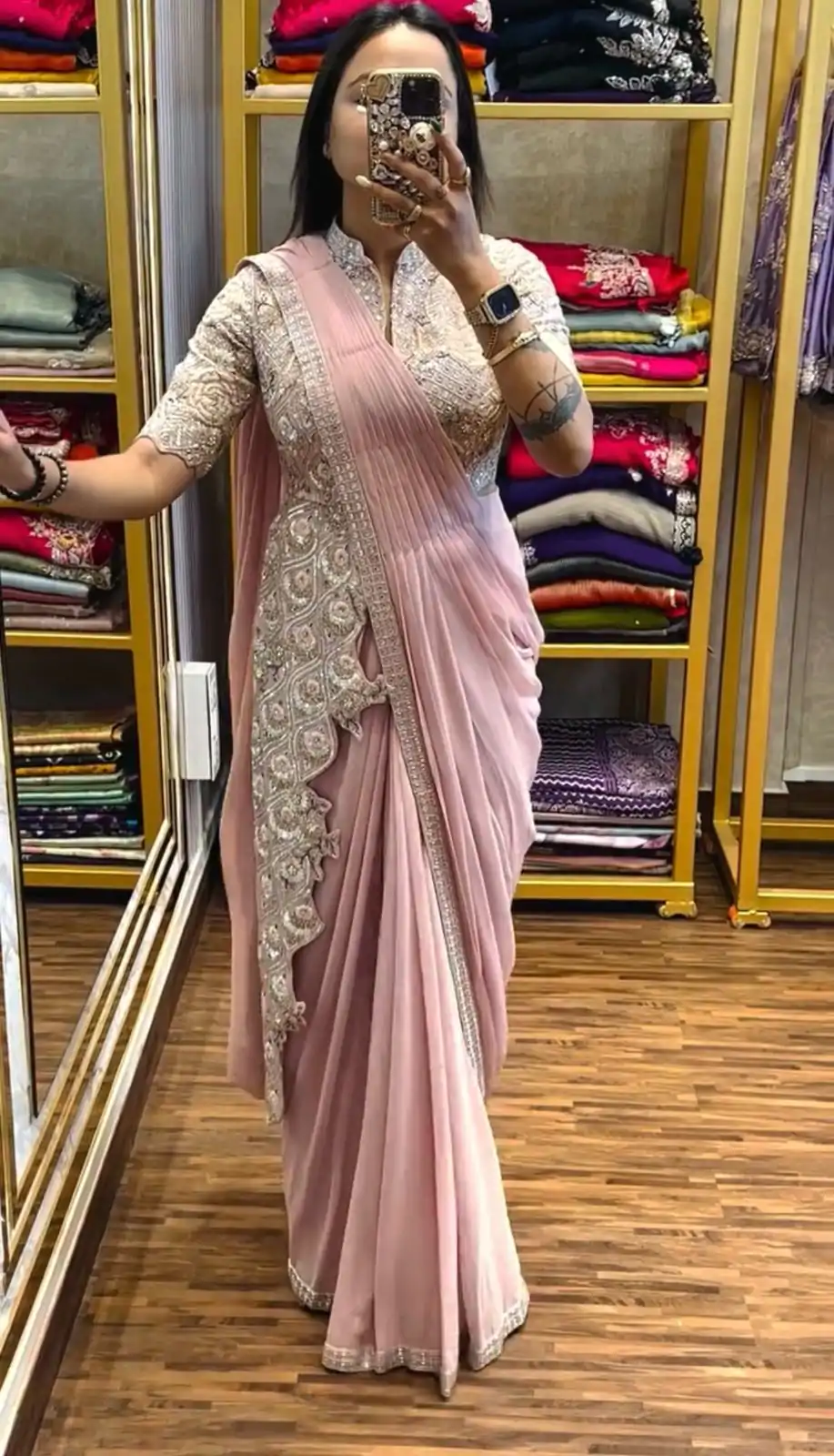 Superb Pink Color Chinon Embroidery Work Ready To Wear Saree