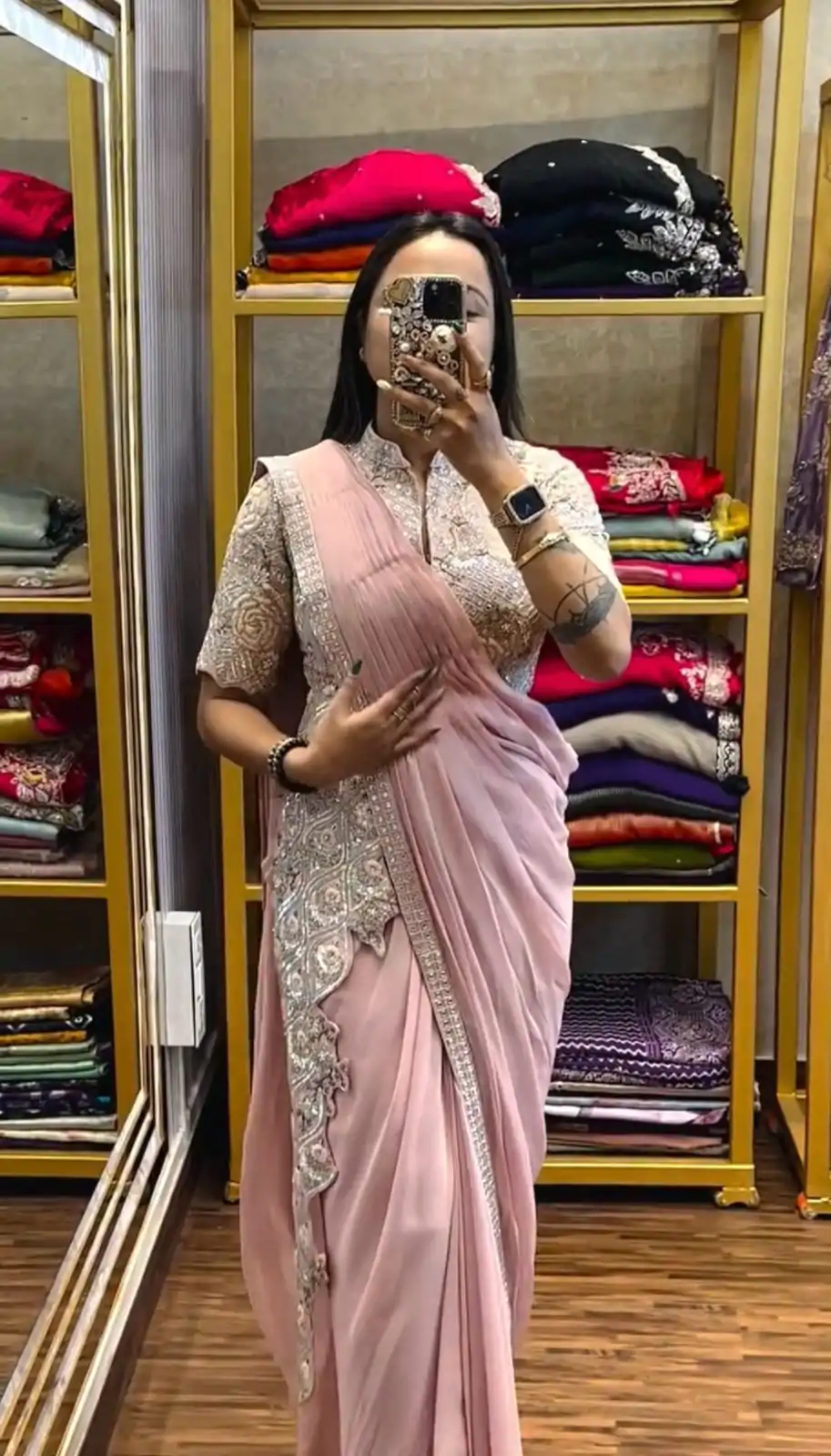 Superb Pink Color Chinon Embroidery Work Ready To Wear Saree - Image 2
