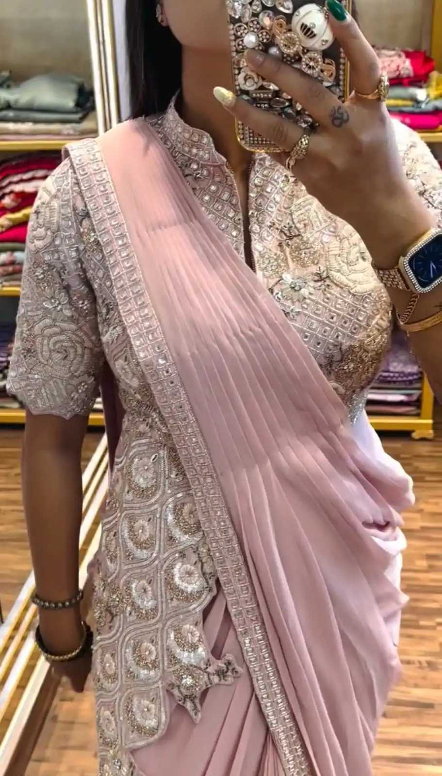 Superb Pink Color Chinon Embroidery Work Ready To Wear Saree - Image 3