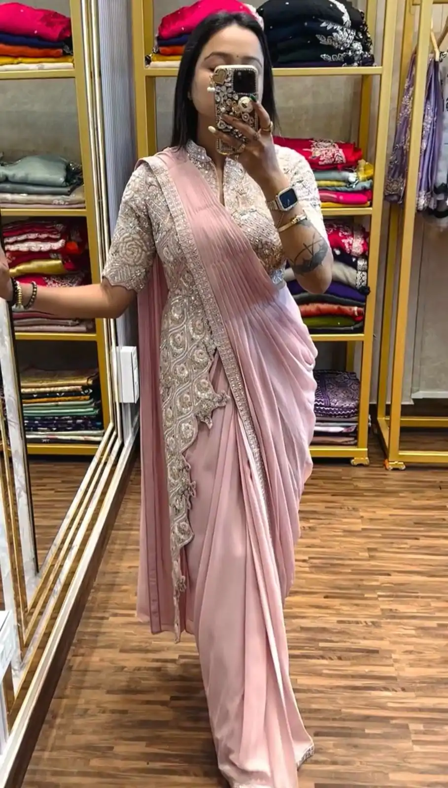 Superb Pink Color Chinon Embroidery Work Ready To Wear Saree - Image 4
