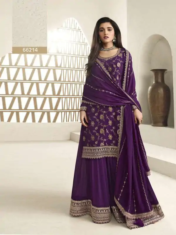 Superb Purple Color Jacquard Silk Chinon Multi Work Salwar Suit